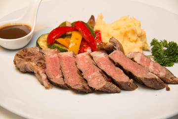  steak with sauce as closeup on a white plate