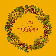 Autumnal or fall round frame background. Wreath of autumn leaves