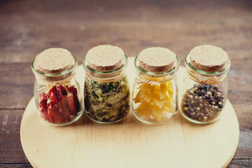 Jars with spices and pasta