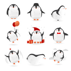 Collection of cute penguins characters. Set of funny birds. Vector