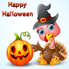 Turkey cartoon with witch hat and pumpkin