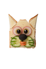 Funny cat made of toast, cheese and vegetables on isolated background
