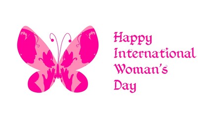 Greeting card with Happy International woman's day. Butterfly with female silhouettes on wings. Vector illustration.