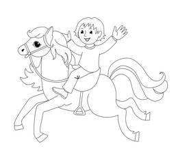 Coloring book with boy on horse. Cartoon vector illustration for children education.