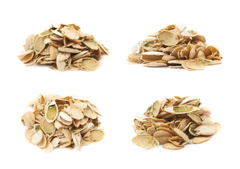 Pile of pumpkin seeds shells isolated