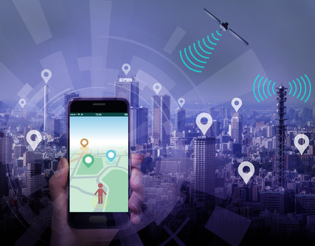 smart city and smart phone application using location information, hand hold smart phone, abstract image visual