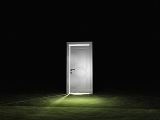 Single door emits light in dark scene