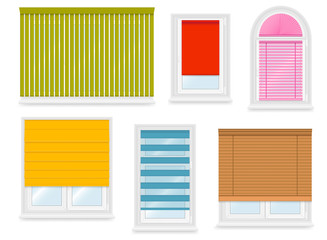 Realistic white plastic windows set with different blinds. Vector illustration.