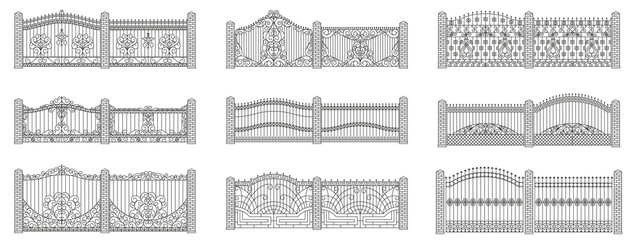 Forged gates and fences set.  Linear design. Vector outline illustration isolated on white.