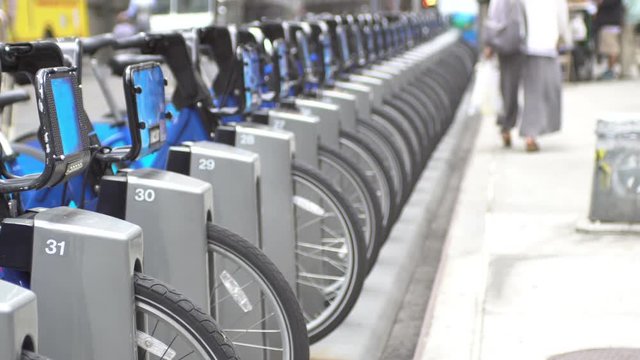 New York City bike sharing system of parked rental bicycles