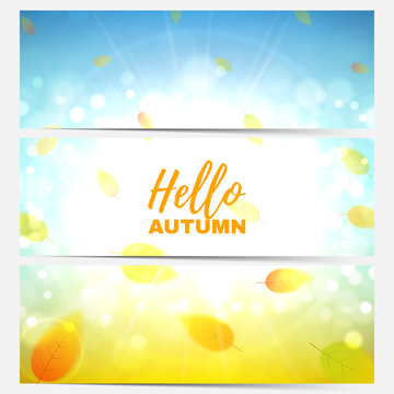 Set of horizontal autumn banners. Collection of beautiful backgrounds with the falling leaves. Vector illustration.