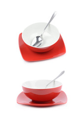 Red and white ceramic bowl isolated