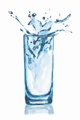 Isolated watercolor glass. Glass of water with ice cubes and splash. Fresh healthy beverage.