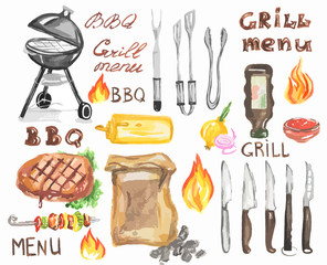 Watercolor bbq grill party set. Steak, grill machine, kebab, vegetables and sauces. Happy outdoor activity.