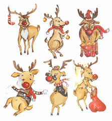 Watercolor reindeer set. Cute funny deer set for new year and christmas decoration. Isolated cartoon character.
