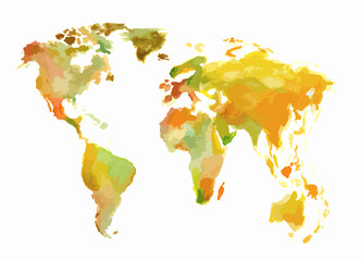 Watercolor world map. Beautiful map with lands and islands. Watercolor illustration for decoration.