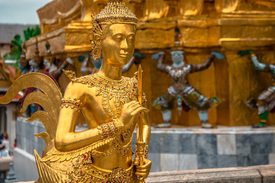 Golden Angle at Wat Phra Kaeo, Temple of the Emerald Buddha and the home of the Thai King. Wat Phra Kaeo is one of Bangkok's most famous tourist sites and it was built in 1782 at Bangkok, Thailand.