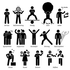 Positive Personalities Character Traits. Stick Figures Man Icons. Starting with the Alphabet S.