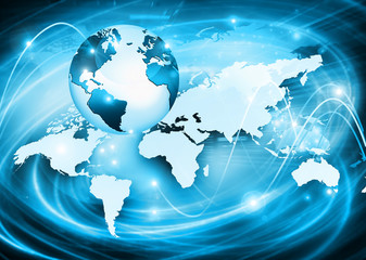 Best Internet Concept of global business. Globe, glowing lines on technological background. Electronics, Wi-Fi, rays, symbols Internet, television, mobile and satellite communicationsblue blur