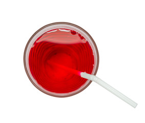 Top view of glass red water on isolated white background