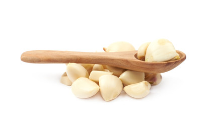 Pile of peeled garlic isolated