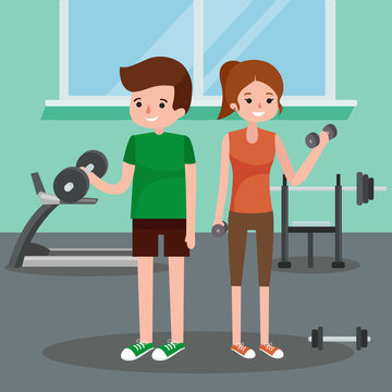 man and woman doing fitness exercises. flat illustration. fitness equipment, Fitness gym,Healthy lifestyle