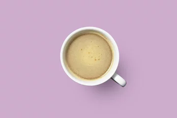 Zelfklevend Fotobehang hot coffee in white cup on color background © samrit