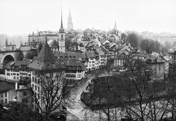 View on Old City of Bern in the rain, Switzerland.  Black and white