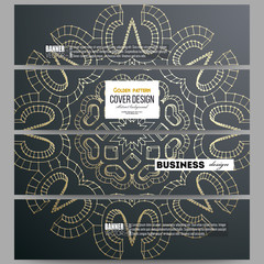 Set of modern banners. Polygonal backdrop with golden connecting dots and lines, connection structure. Digital scientific background