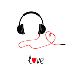 Headphones and red cord in shape of heart. Black text love. Flat design icon. White background. Isolated