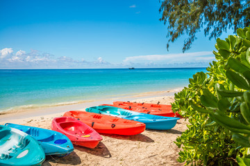 Canoe on beautiful tropical island white sand beach summer holiday - Travel summer vacation concept.	