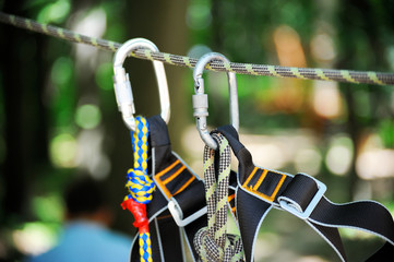 Climbing sports image of a carabiner on a rope