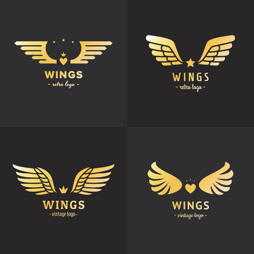 Gold wings logo vector set. Vintage hipster design. Part four.