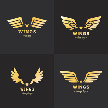 Gold wings logo vector set. Vintage hipster design. Part three.