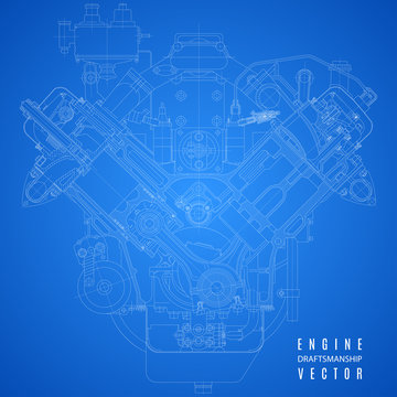 blueprint engine, project technical drawing on the blue background. stock vector illustration eps10