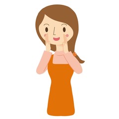 呼びかけるエプロン姿の女性