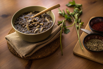 Fototapeta premium Lentil Soup on a wooden surface.