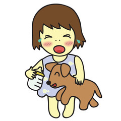 baby hug her doll and cry when her mother go to work