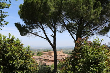 View to Chiesa di Sant'Agostino in San Gimignano, Tuscany Italy