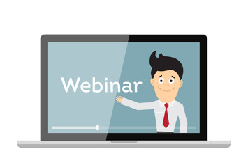 Online webinar concept. Laptop monitor with teacher, tutor, businessman. Online learning or e-learning.