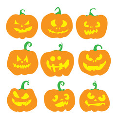 Halloween pumpkin set. Pumpkins with scary faces. Fall or autumn holiday and harvest celebration. Black pumpkins.