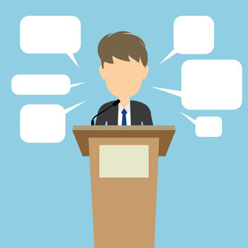 Politician with speech bubbles. Concept of debates or president election. Blank template face with speech bubbles.