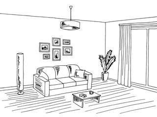 Living room interior black white graphic art sketch illustration vector