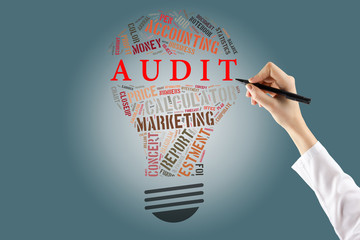 Audit Bulb Words Cloud.Hand holding pen. Business concept