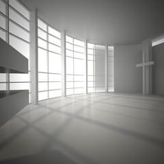 3d illustration. White interior of nonexistent building. Circular hall with transparent wall and and external light. Render.