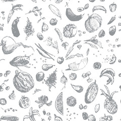 Hand drawn doodle food, vegetables and fruits, seamless pattern. Gray objects, white background. Design illusrtration for poster, flyer.