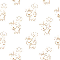 Birthday  seamless psttern with cute cartoon  dogs in party hats and balloons on white background. Funny animals. Little puppies. Vector contour image.
