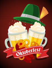 Vector colorful illustration of two big mugs of yellow beer with