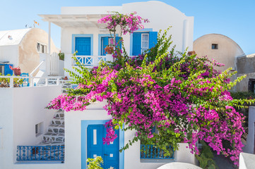 Traditiona home with flowers in Oia - Santorini
