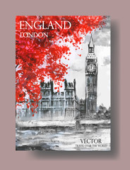 flyer with architecture. Vector brochure with London landmark, big ben. Oil painting.   Historical monument of England